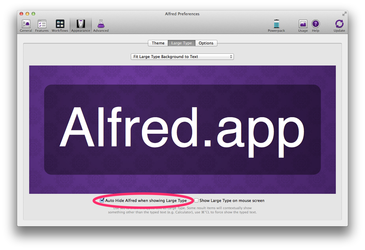 Turn on Auto-Hide Large Type in Alfred Prefs